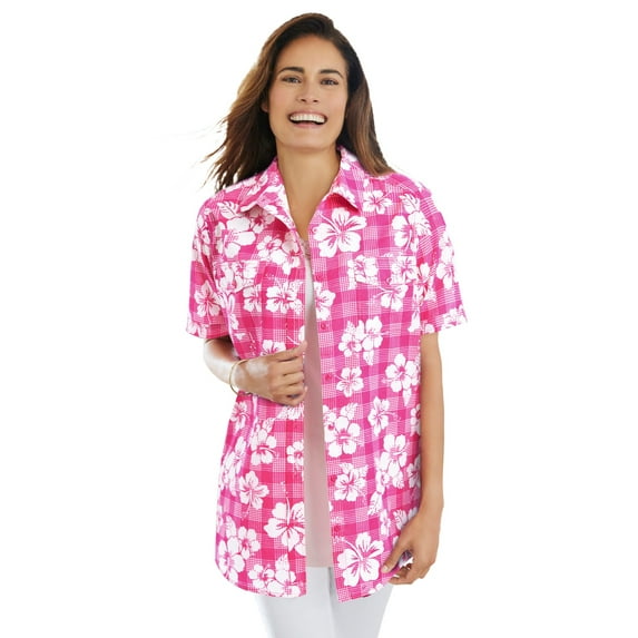 Woman Within Plus Size Short-Sleeve Cotton Campshirt