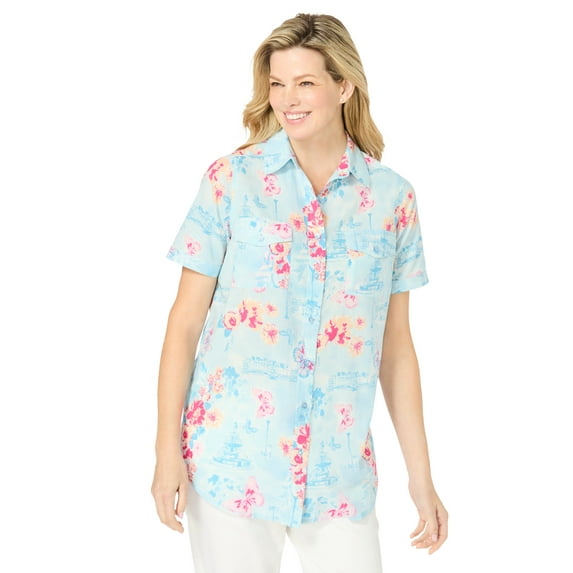 Woman Within Plus Size Short-Sleeve Cotton Campshirt