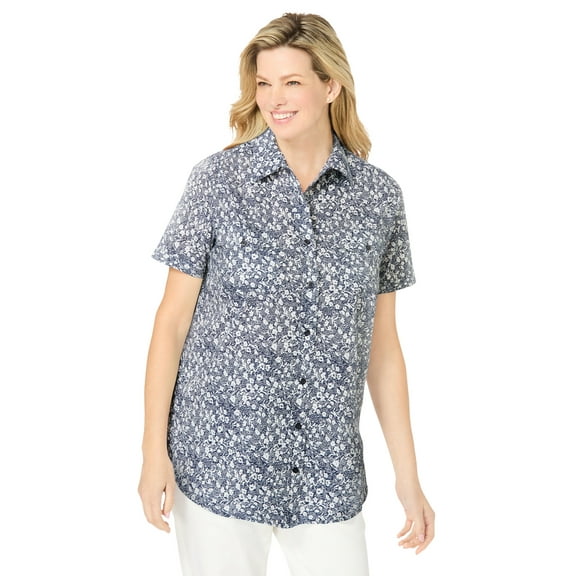 Woman Within Plus Size Short-Sleeve Cotton Campshirt
