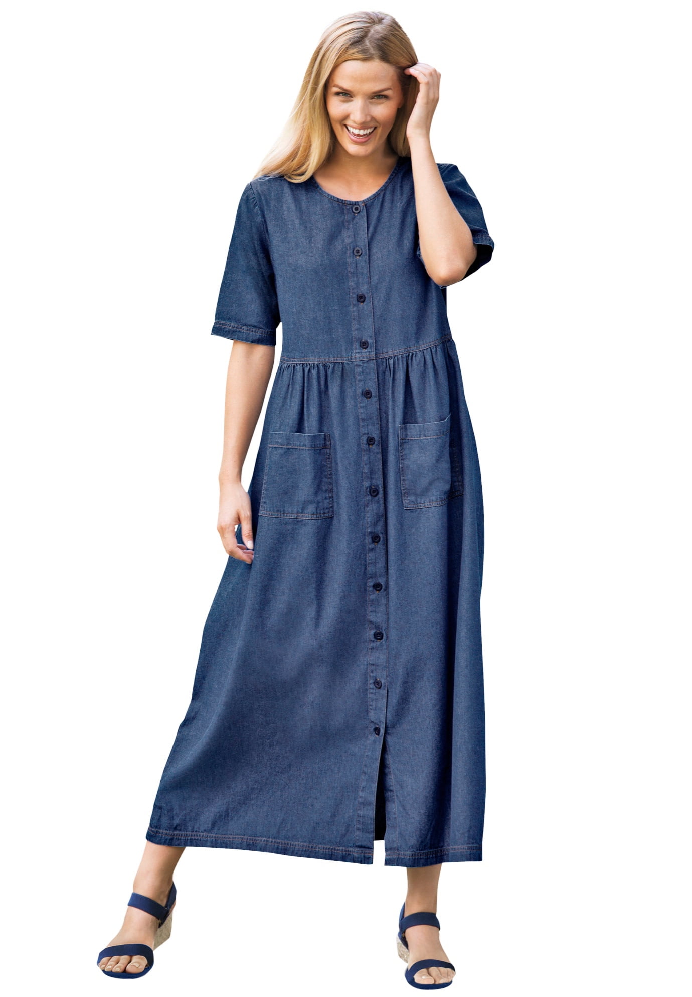 Full Size Raw Hem Short Sleeve Denim Dress Plus Size