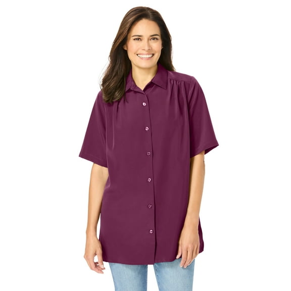 Woman Within Plus Size No Iron Short Sleeve Peachskin Shirt