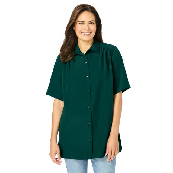 Woman Within Plus Size No Iron Short Sleeve Peachskin Shirt