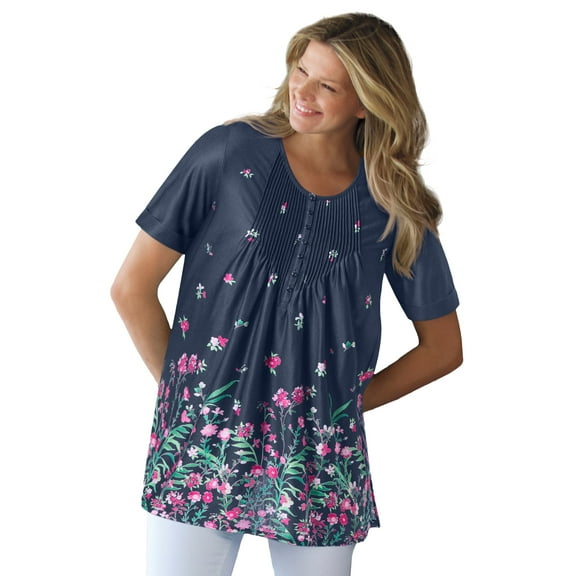 Woman Within Plus Size Short-Sleeve Pintucked Henley Tunic