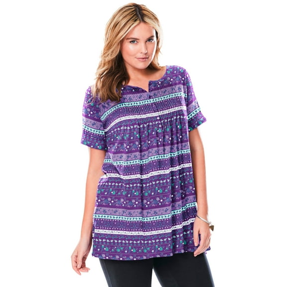 Woman Within Plus Size Short-Sleeve Pintucked Henley Tunic