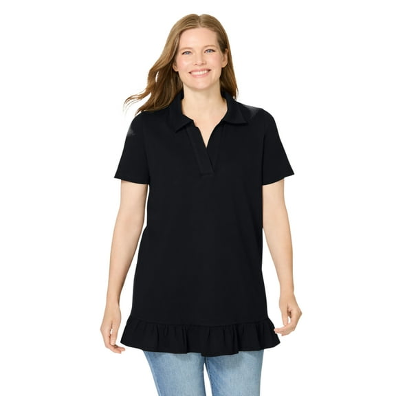 Woman Within Plus Size Short Sleeve Ruffle Hem Polo Tunic