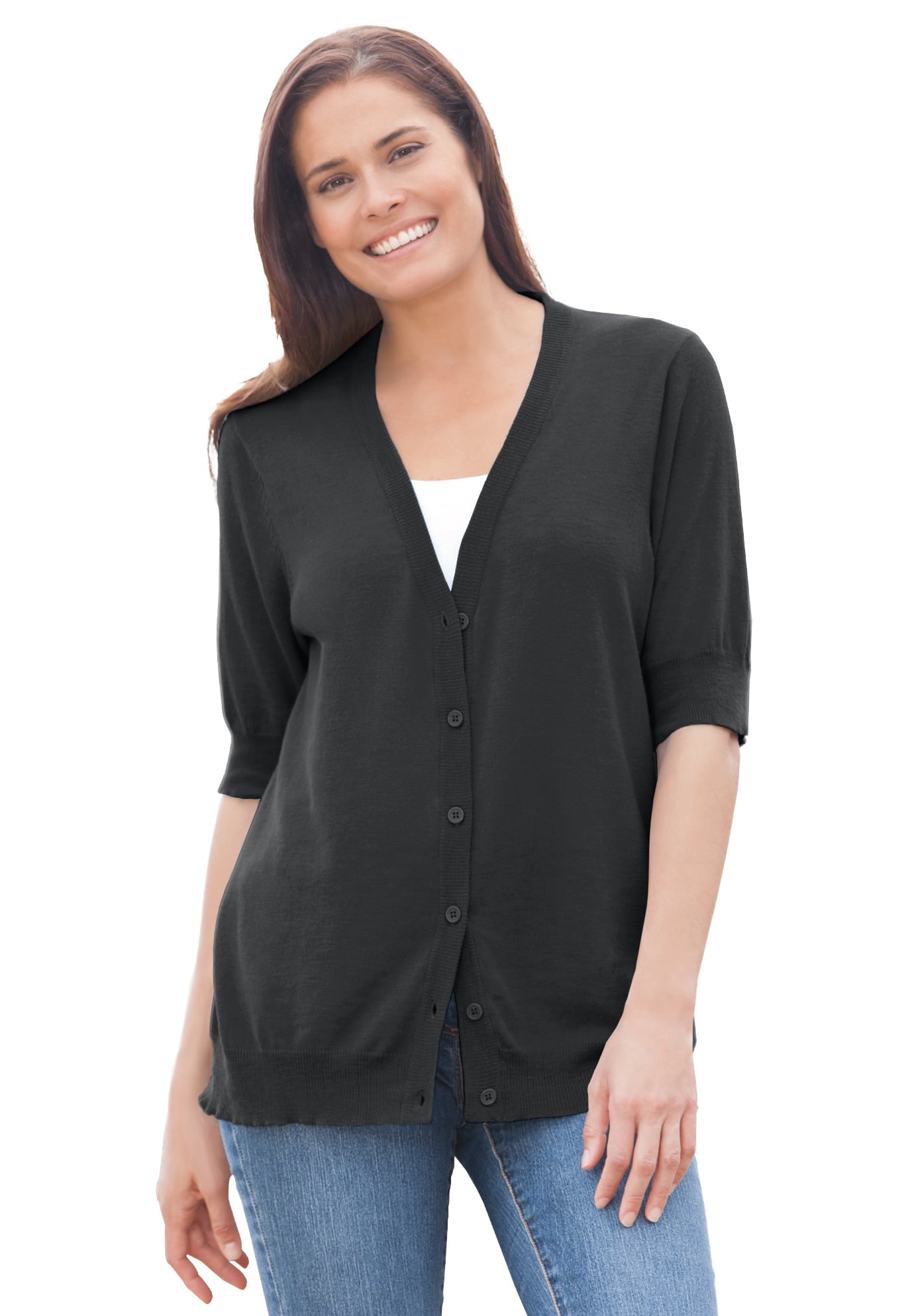 Woman Within Women's Plus Size Short Sleeve V-Neck Cardigan - Walmart.com