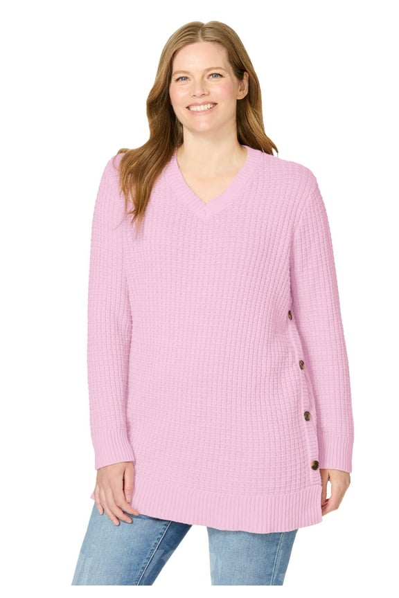 Plus Size Side Button V-Neck Waffle Knit Sweater