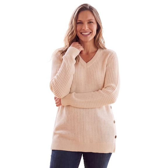 Woman Within Plus Size Side Button V-Neck Waffle Knit Sweater