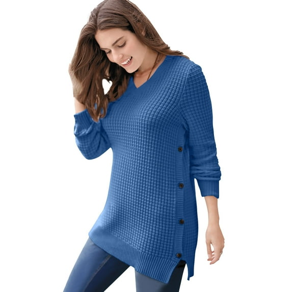 Woman Within Plus Size Side Button V-Neck Waffle Knit Sweater