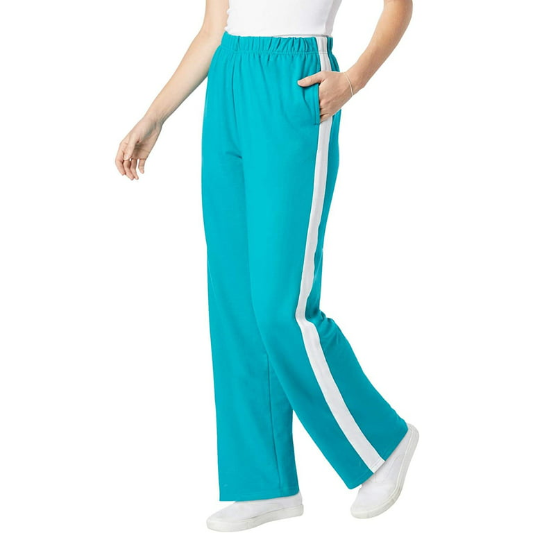 Woman Within Women's Plus Size Side Stripe Cotton French Terry Straight-Leg  Pant - 30/32, Waterfall White Blue