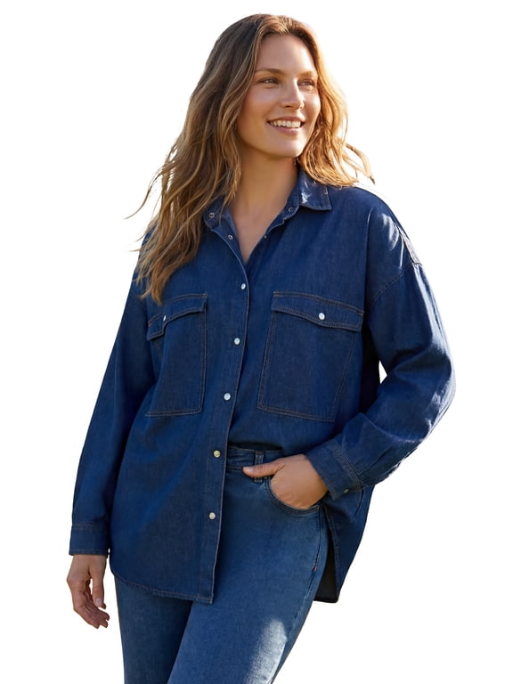 Plus Size Snap Front 4-Pocket Denim Big Shirt