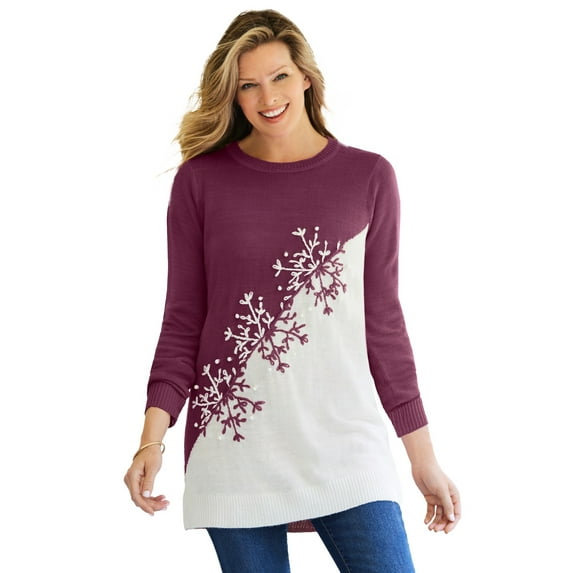 Woman Within Plus Size Holiday Snowflake Jacquard Sweater