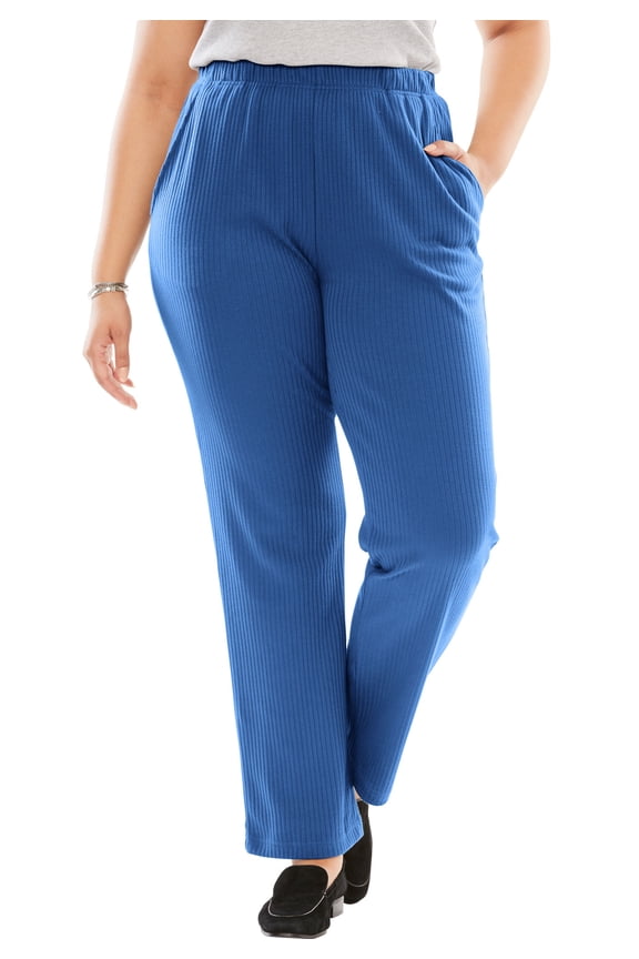 Plus Size Petite 7-Day Knit Ribbed Straight-Leg Pull-On Pants