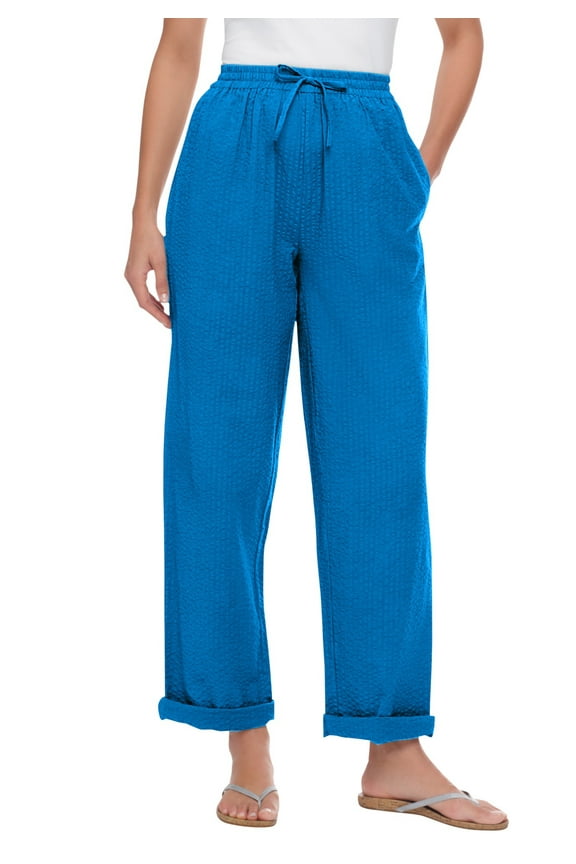 Plus Size Tall Seersucker Pull-On Elastic-Waist Pants