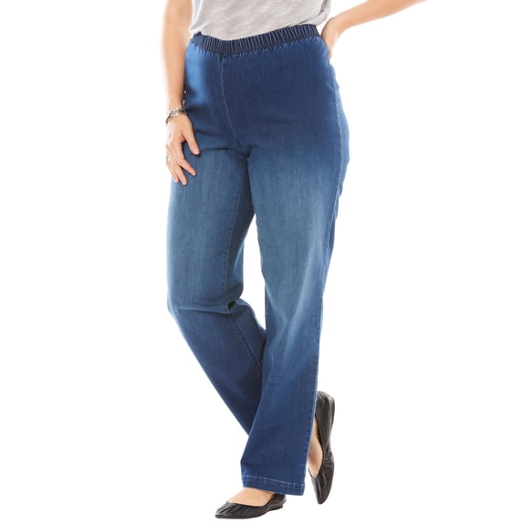 Woman Within Plus Size Tall Fineline Stretch Denim Wide-Leg Pull-On Jeans