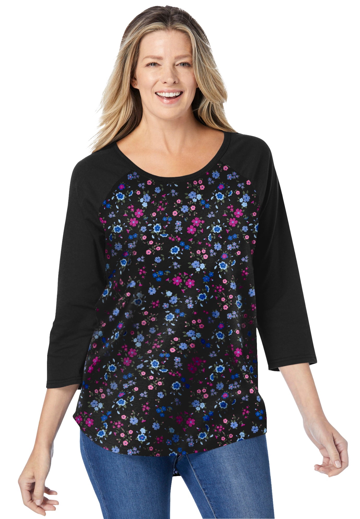 Woman Within Plus Size Three-Quarter Sleeve Baseball Tee