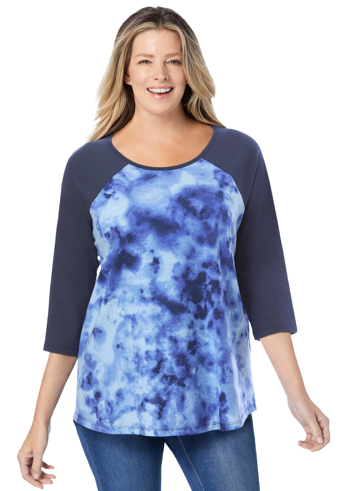 Woman Within Plus Size Three-Quarter Sleeve Baseball Tee