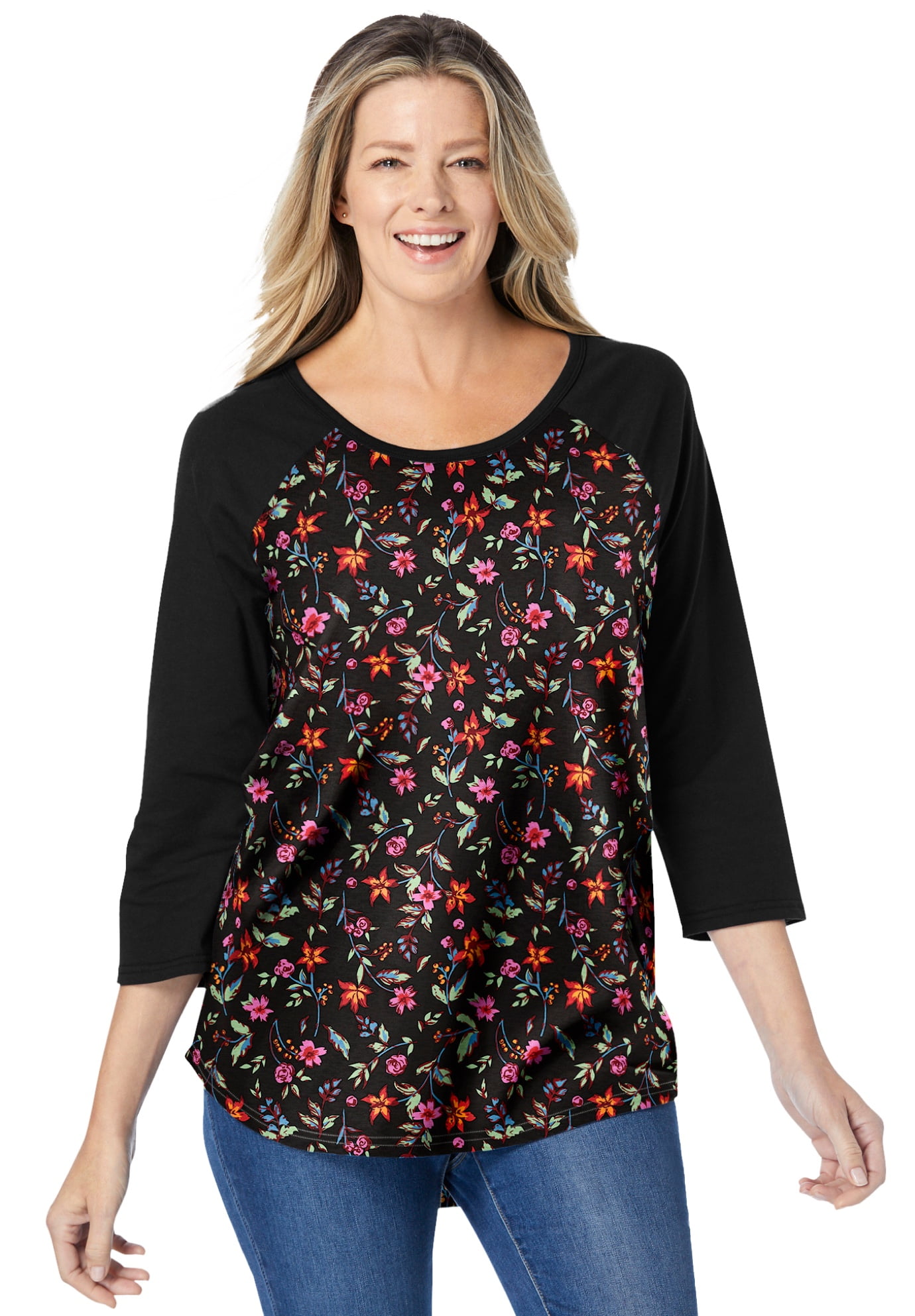 Woman Within Plus Size Three-Quarter Sleeve Baseball Tee