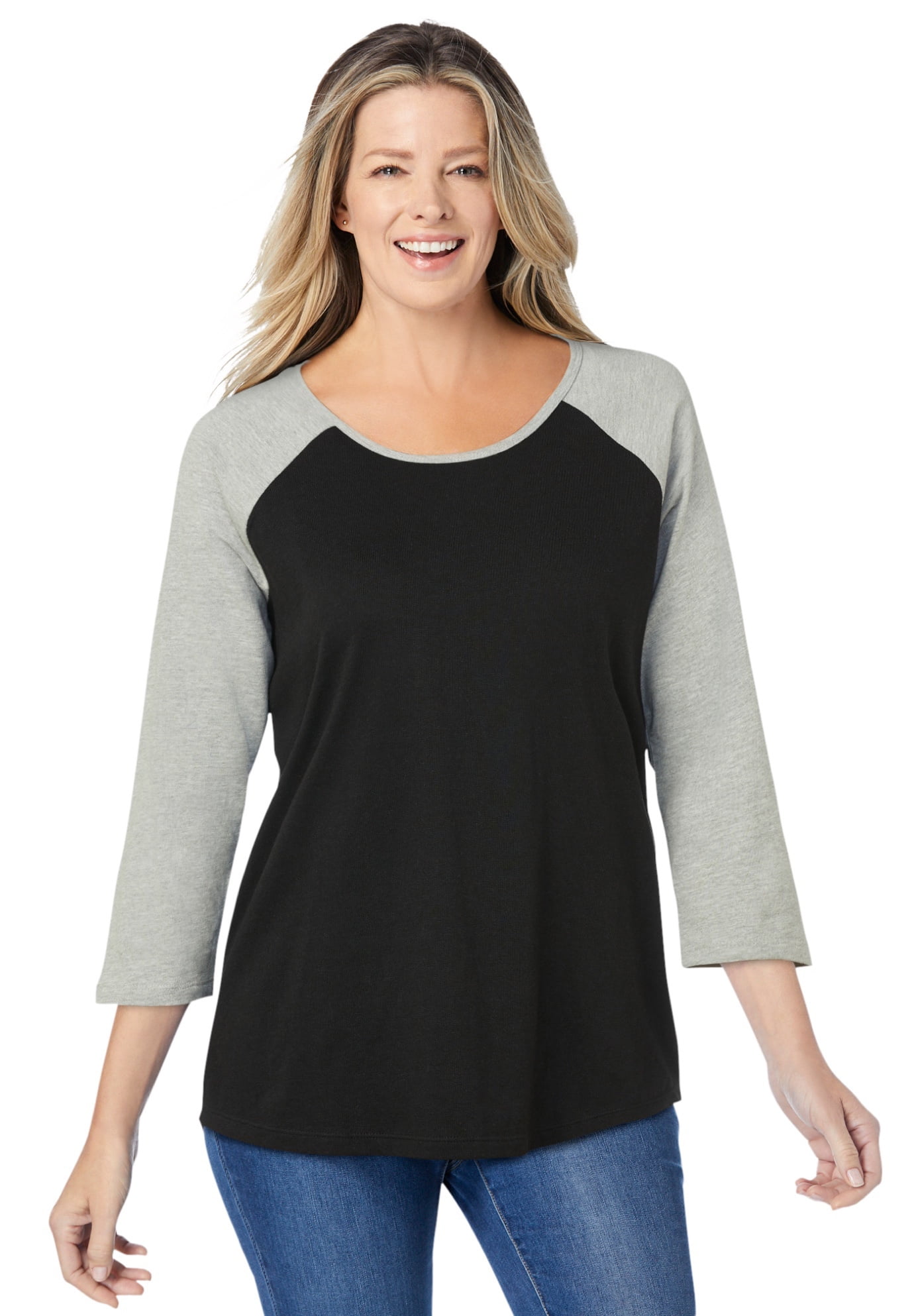 Woman Within Plus Size Three-Quarter Sleeve Baseball Tee