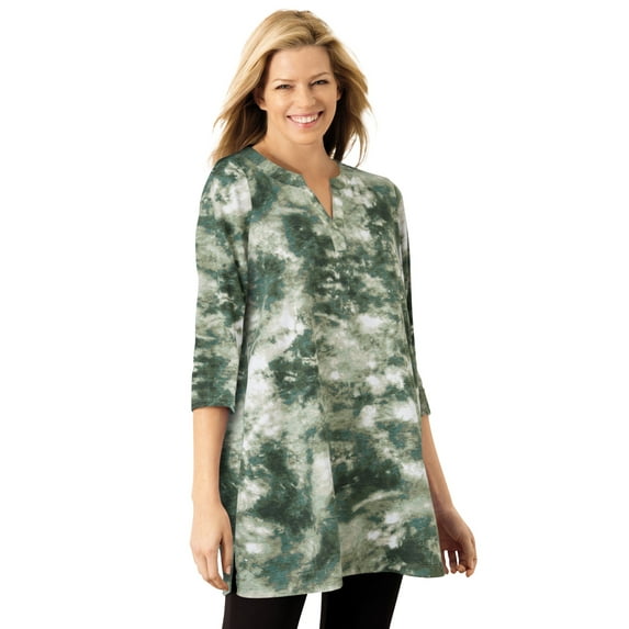 Woman Within Plus Size Three-Quarter Sleeve Notch-Neck Tunic