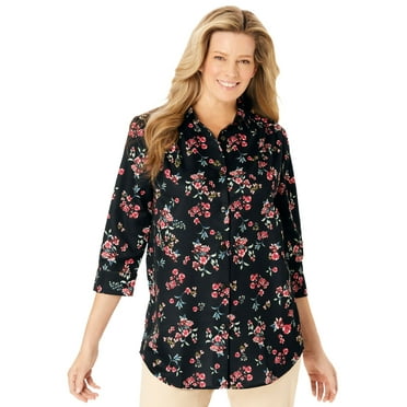 Woman Within Plus Size Three-Quarter Sleeve Peachskin Button Front Shirt