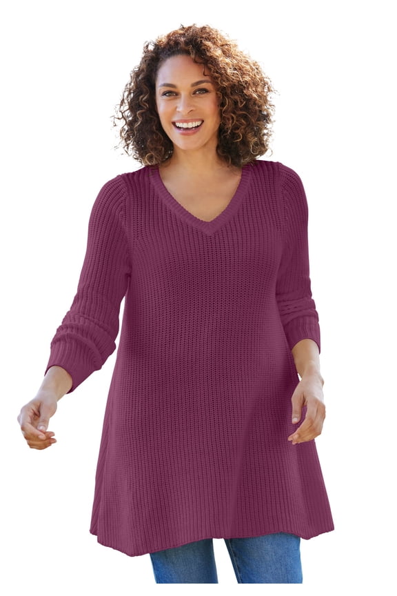 Plus Size V-Neck Shaker A-Line Sweater