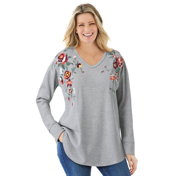 Woman Within Plus Size Waffle Thermal V-Neck Tee