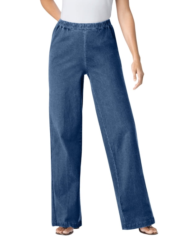 Plus Size Fineline Stretch Denim Wide-Leg Pull-On Jeans