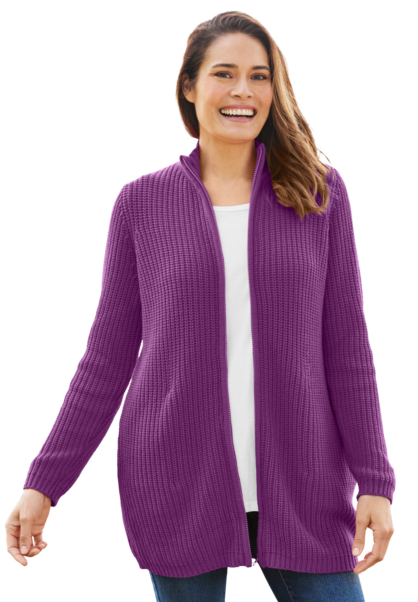 Woman Within Women's Plus Size Zip Front Shaker Cardigan Sweater
