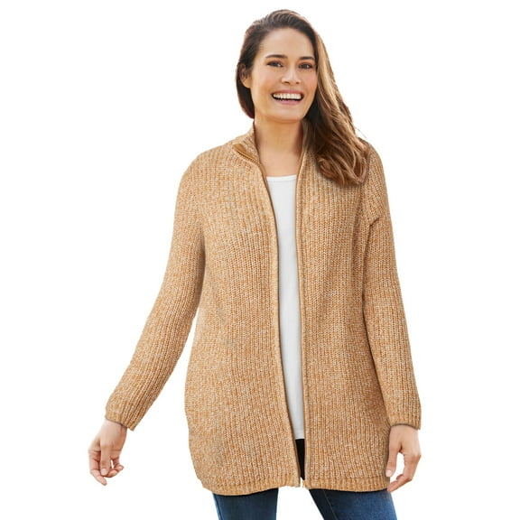 Woman Within Plus Size Zip Front Shaker Cardigan Sweater