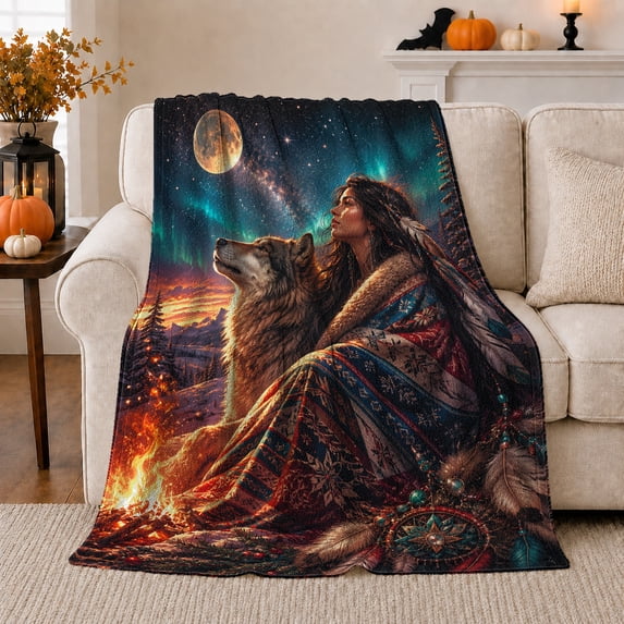 Woman with Wolf by Campfire and Moon, Serene Southwestern Style for Wolf Lovers, Starlit Mountain Camp Scene and Birthday Gift, Cozy Flannel Blanket for Cabin and Bedroom, Home Decor
