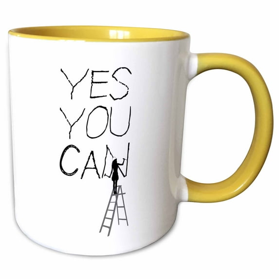 3drose, Woman Worker on a Ladder Carves a Positive Text Yes You Can, 11oz Two-tone Yellow Mug