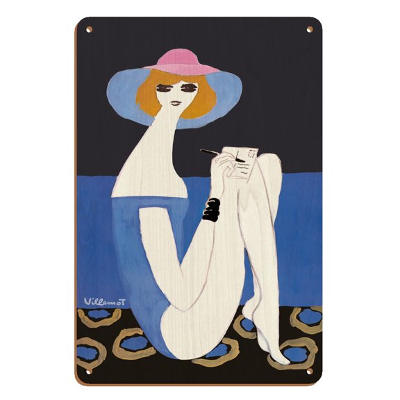 Woman Writing on Postcard - Vintage Advertising Poster by Bernard Villemot - 8 x 12 inch Vintage Wood Art Sign