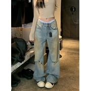 Woman Y2k Grunge Baggy Low Waist Bottoms Hole Ripped Jeans Denim Pants Floor-Length Vintage Trousers Japanese Kpop 2000s Baddie