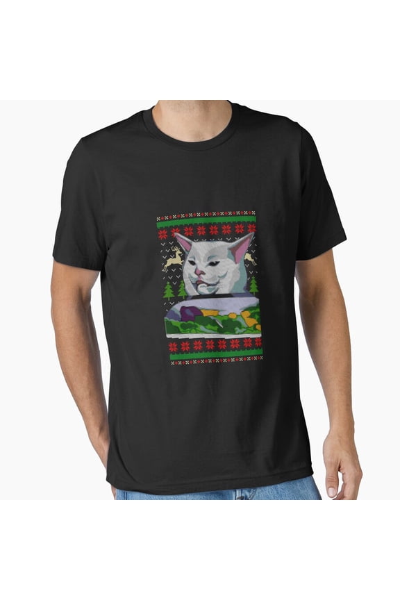 Woman Yelling at Cat Holiday Meme Ugly Sweater Style Unisex T-Shirt, up to Size 5XL
