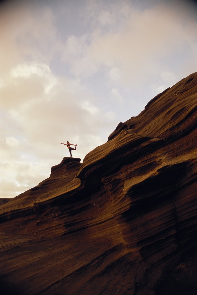 Woman Yoga At Sunrise On Rock Coastline Cliff Side View Upward Against Clouds Canvas Art - Dana Edmunds  Design Pics (12 x 19)