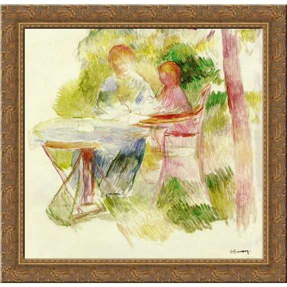 Woman and Child in a Garden 20x20 Gold Ornate Wood Framed Canvas Art by Renoir, Pierre Auguste