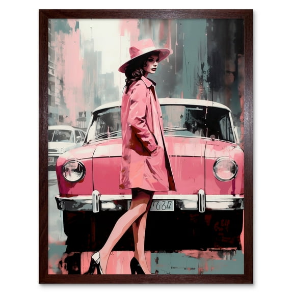 Woman and Classic Car Retro Pink Aesthetic Art Print Framed Poster Wall Decor 12x16 inch