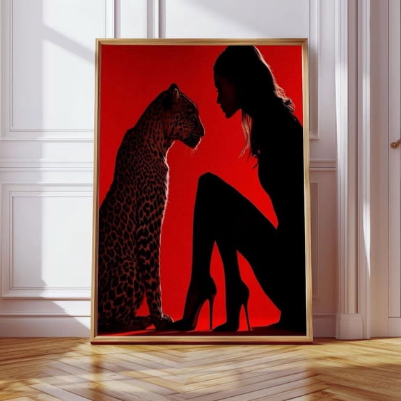 Woman and Leopard Art Print Poster, Red Minimalist Wall Art, Luxury Fashion Poster, Bold Modern Decor LI-T10-353, Size 16x24 UNFFRAMED F03.1.6l1271