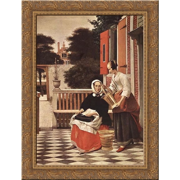 Woman and Maid 20x24 Gold Ornate Wood Framed Canvas Art by Hooch, Pieter de