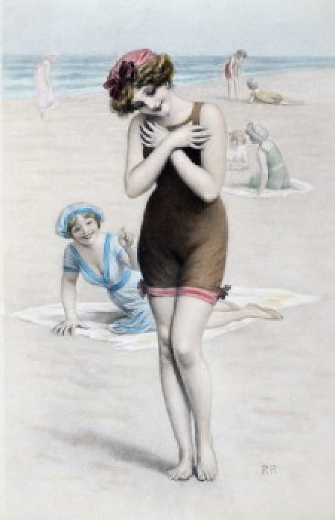 Woman at Beach Nostalgia Cards Canvas Art - (18 x 24)