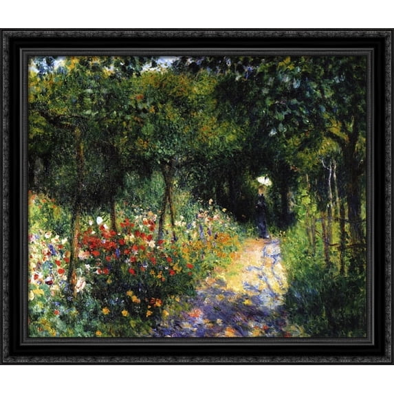 Woman at the Garden 32x28 Large Black Ornate Wood Framed Canvas Art by Pierre Auguste Renoir
