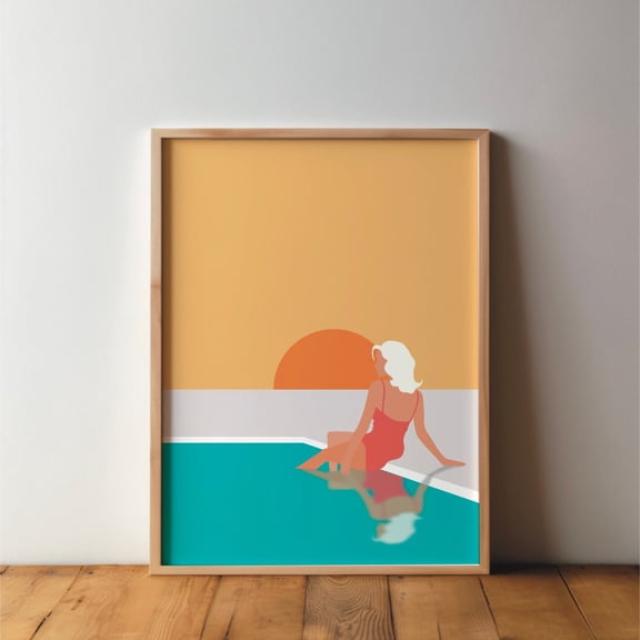 Woman at the Pool Vacation Travel Minimal Modern Wall Decoration, Unframed Paper Poster 11x14in