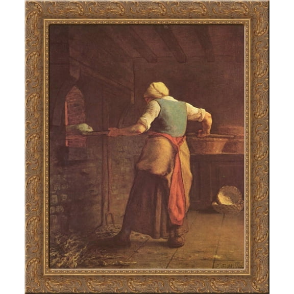 Woman baking bread 20x24 Gold Ornate Wood Framed Canvas Art by Millet, Jean Francois