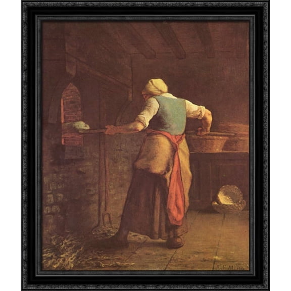 Woman baking bread 28x32 Large Black Ornate Wood Framed Canvas Art by Jean Francois Millet