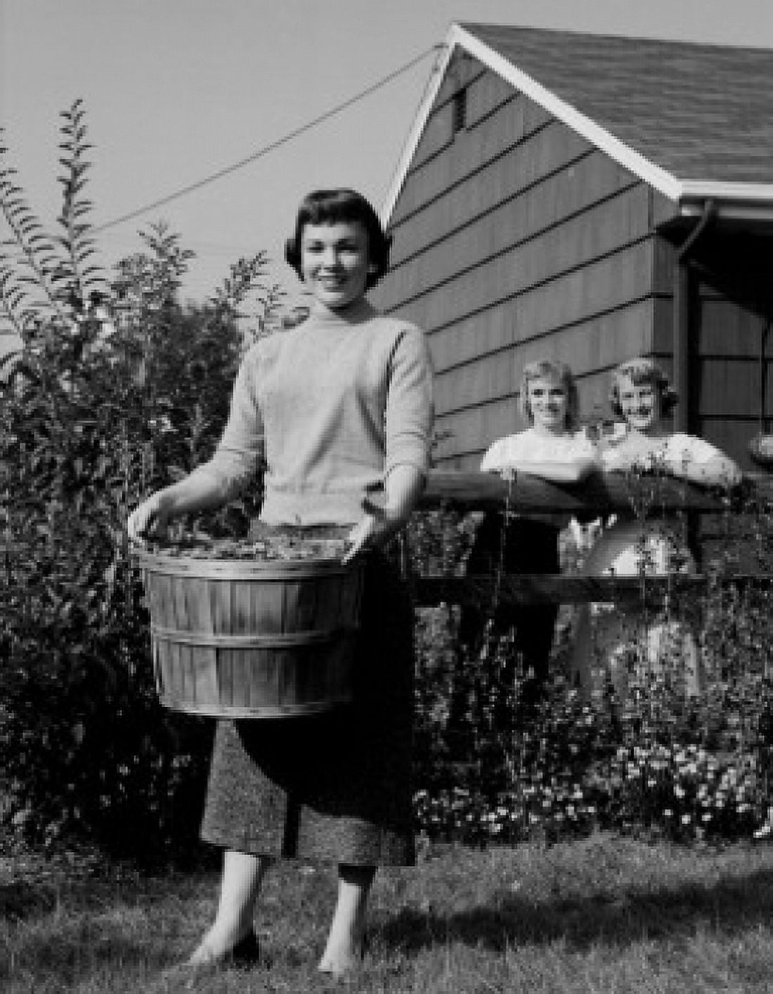 Woman carrying bucket full of dead leaves two woman watching her and smiling Canvas Art - (18 x 24)