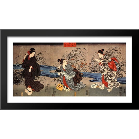 Woman catching firefly by a stream 40x22 Large Black Wood Framed Print Art by Utagawa Kuniyoshi