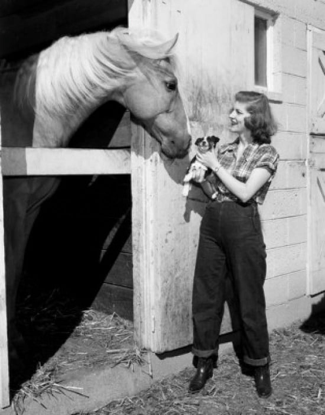 Woman holding dog with horse at stable Canvas Art - (18 x 24)