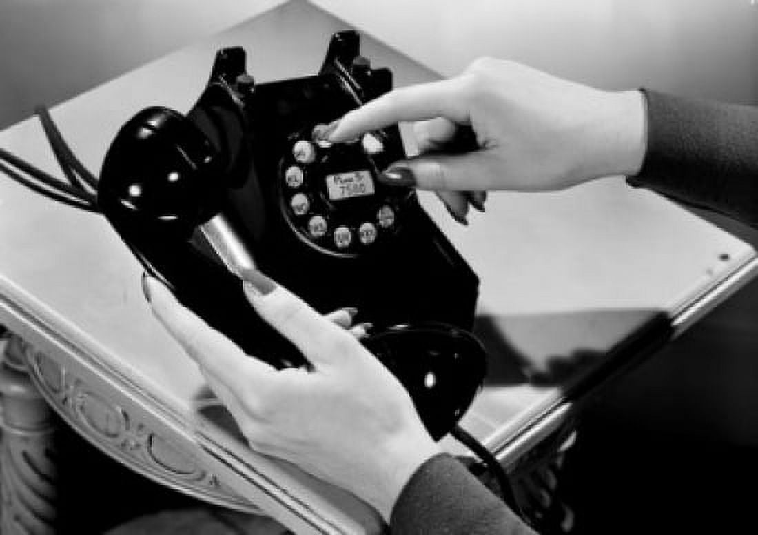 Woman holding vintage telephone Canvas Art - (24 x 36)