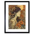 thumbnail image 1 of Woman in Autumn Poppy Field Linocut Illustration Artwork Framed Wall Art Print 9X7 Inch, 1 of 5
